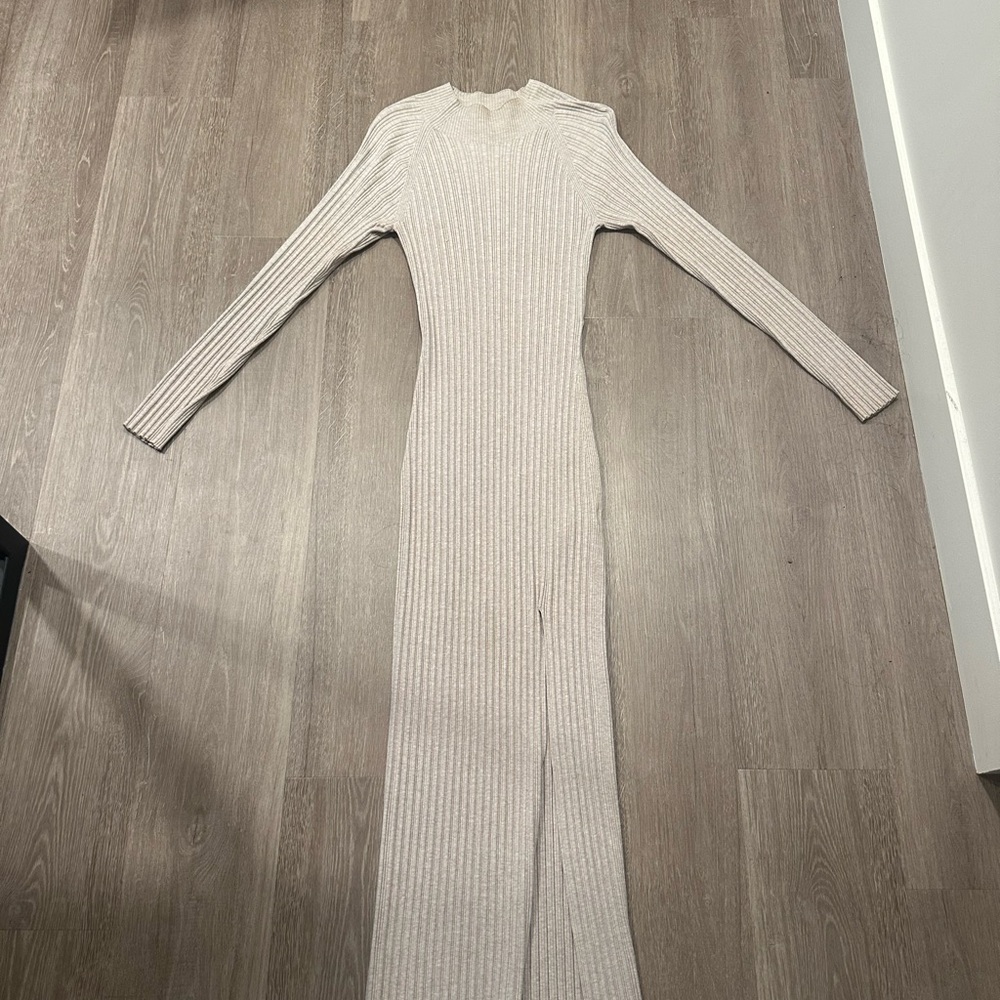 Aritzia Cream Long Sleeve Ribbed Dress